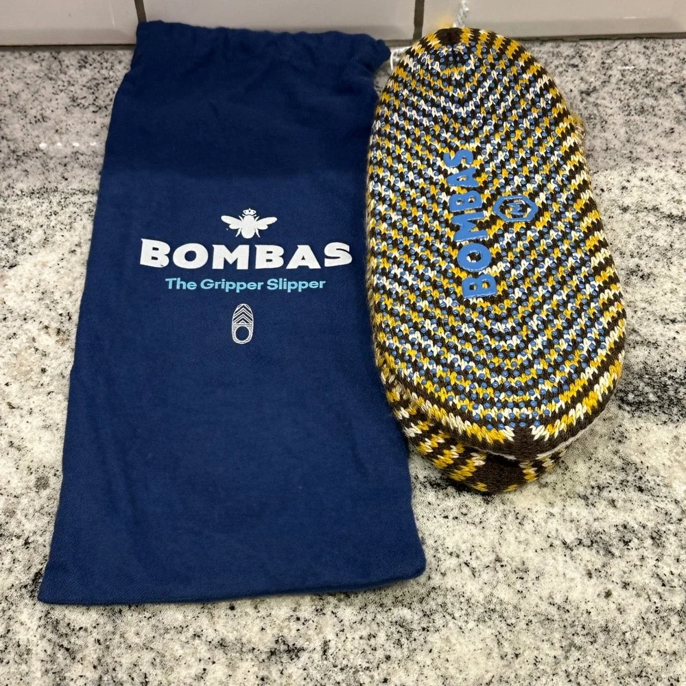 Bombas Kids The Gripper Slipper Chevron Knit Yellow‎ Brown White Medium NWT